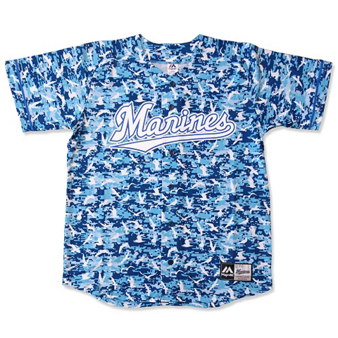 カモメ総柄ベースボールシャツブルー