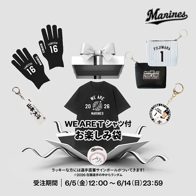 希望価格に変更しました。千葉ロッテマリーンズ グッズ いっぱい 6/5(金)WE ARE Tシャツ付きお楽しみ袋、ベストシーングッズ、ネーム